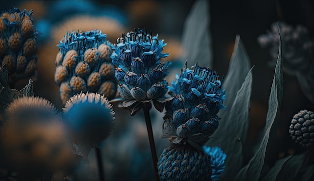 Un primo piano di fiori blu con la parola fiore su di esso