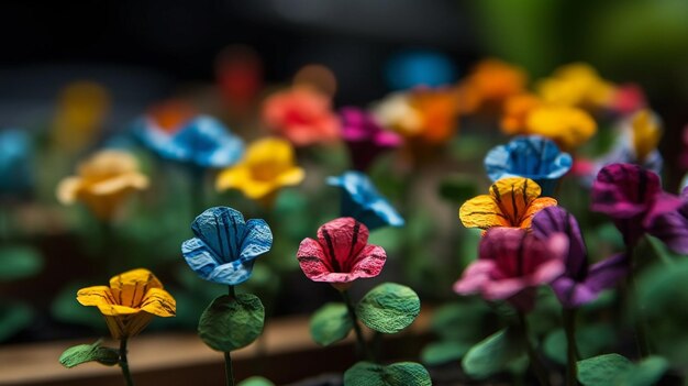 Un primo piano di fiori di plastica colorati in una pentola con la parola fiore su di esso.