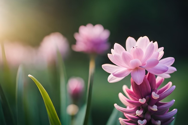 Un primo piano di fiori rosa con il sole che splende su di loro