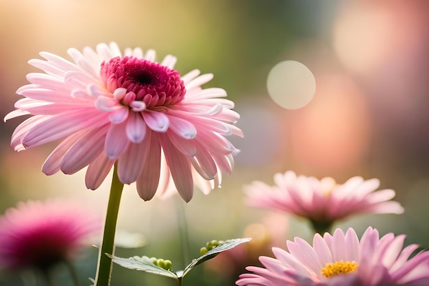 Un primo piano di fiori rosa e bianchi con il sole dietro di loro.