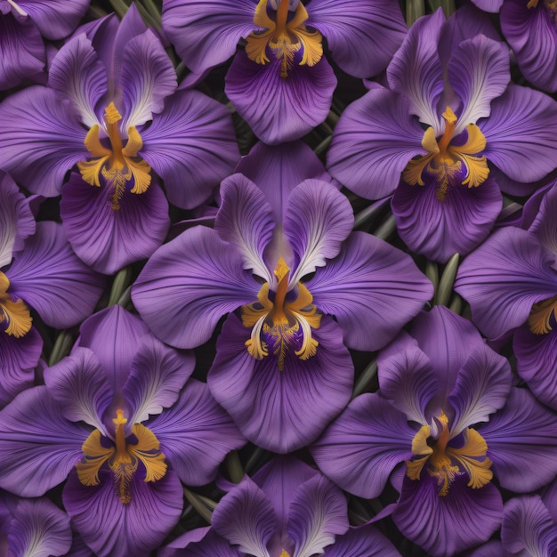 un primo piano di fiori viola con centri gialli.