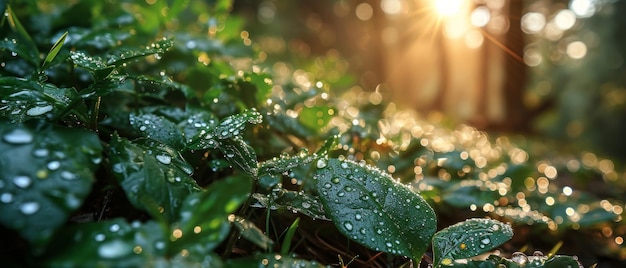 Un primo piano di foglie bagnate dalla pioggia che luccicano alla luce dell'alba