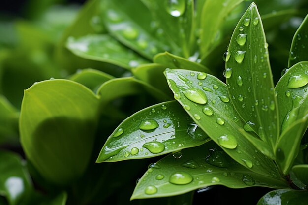 Un primo piano di foglie verdi con gocce d'acqua su di esse