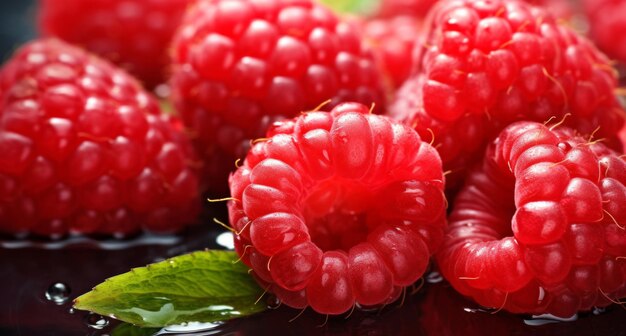 Un primo piano di frutti di lampone naturali o freschi su uno sfondo nero in studio per i prodotti agricoli