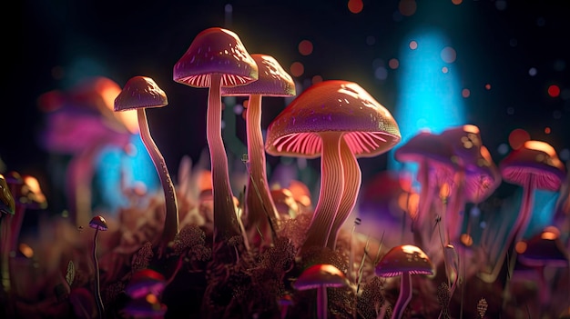 Un primo piano di funghi in un ambiente buio