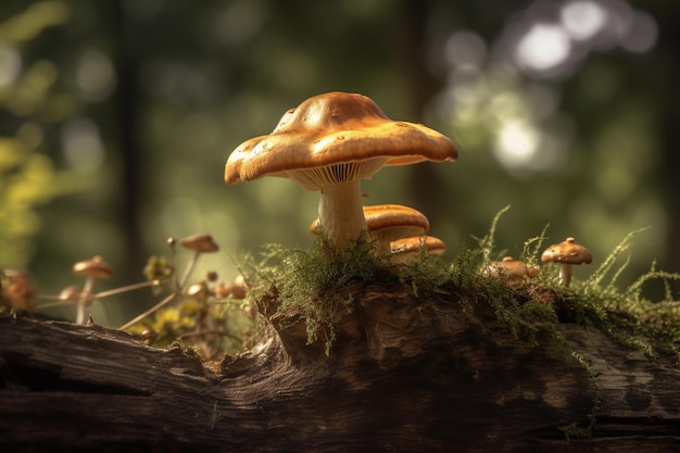 Un primo piano di funghi su un tronco con uno sfondo verde
