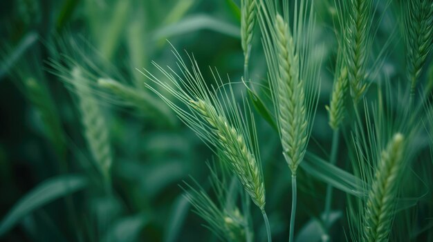 Un primo piano di giovani orecchie di grano verde in un campo vivace