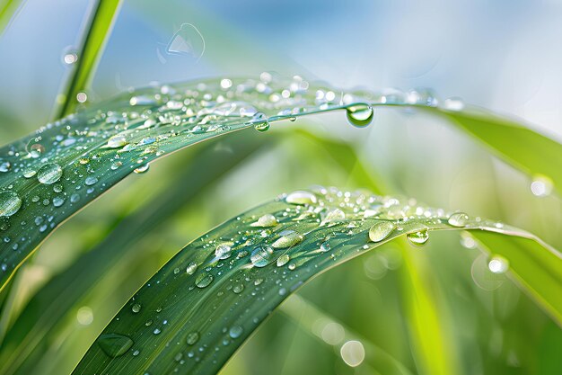 Un primo piano di gocce d'acqua su un filo d'erba