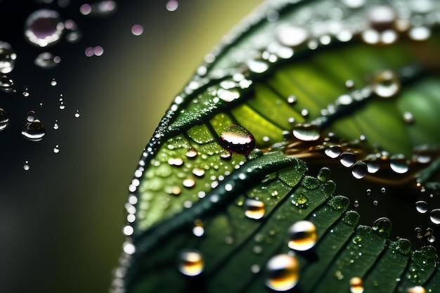 Un primo piano di gocce d'acqua su una foglia verde