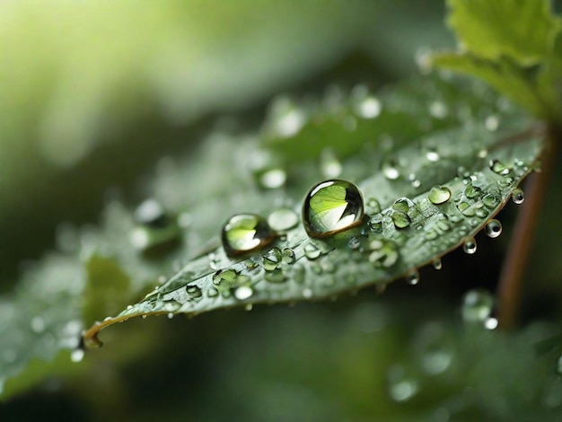 Un primo piano di gocce di rugiada su una foglia fresca di primavera