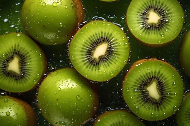 Un primo piano di kiwi con gocce d'acqua su di esso