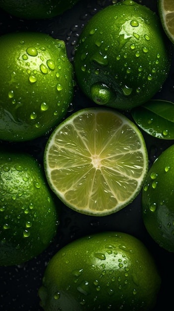 Un primo piano di lime con gocce d'acqua su di essi