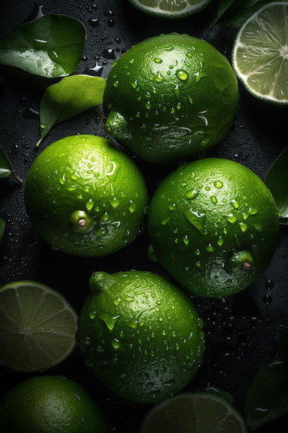 Un primo piano di lime con gocce d'acqua su di essi