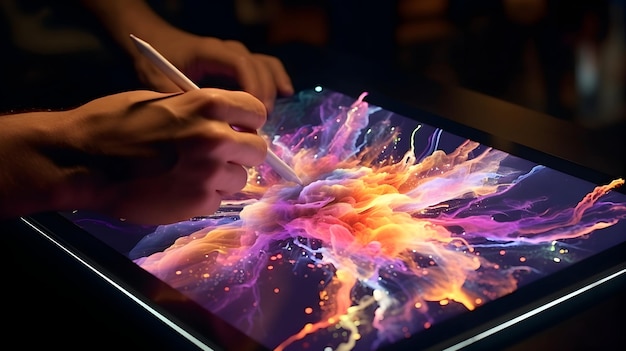 Un primo piano di mani che disegnano su un tablet digitale con scintille virtuali che volano