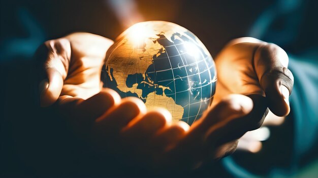 Un primo piano di mani di persone che tengono un globo radiante che simboleggia l'unità e la connessione globali
