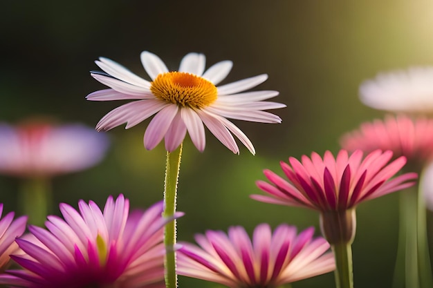 Un primo piano di margherite rosa e bianche in un giardino