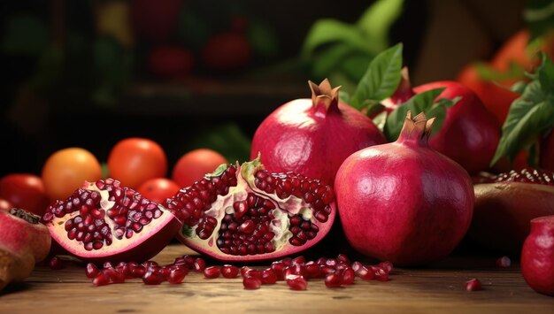 un primo piano di melograni con i loro frutti