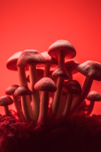 Un primo piano di minuscoli funghi su uno sfondo rosso