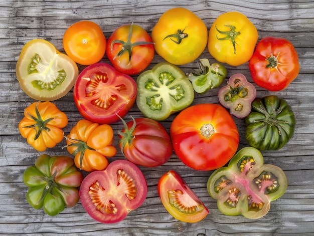 Un primo piano di molti pomodori di diversi colori, tra cui rosso giallo e verde