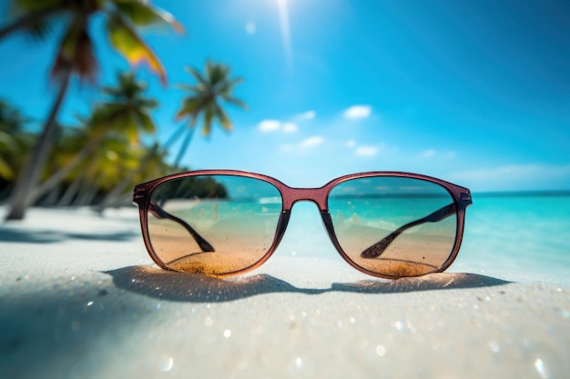 Un primo piano di occhiali da sole su una spiaggia tropicale soleggiata con un cielo blu limpido