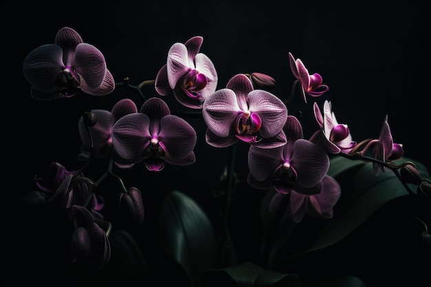 Un primo piano di orchidee viola con uno sfondo nero