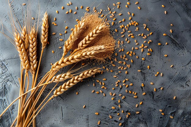 un primo piano di orecchie di grano e cereali su un tavolo