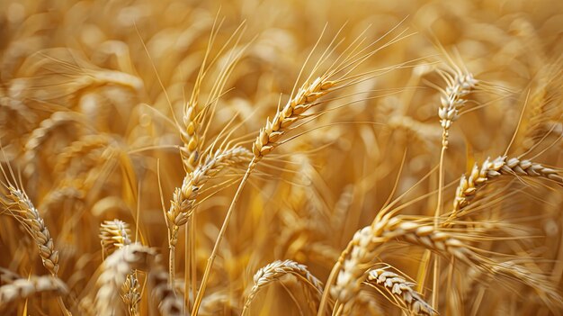 Un primo piano di orecchie di grano mature in un campo dorato che simboleggia un abbondante raccolto sotto la leggera luce del sole