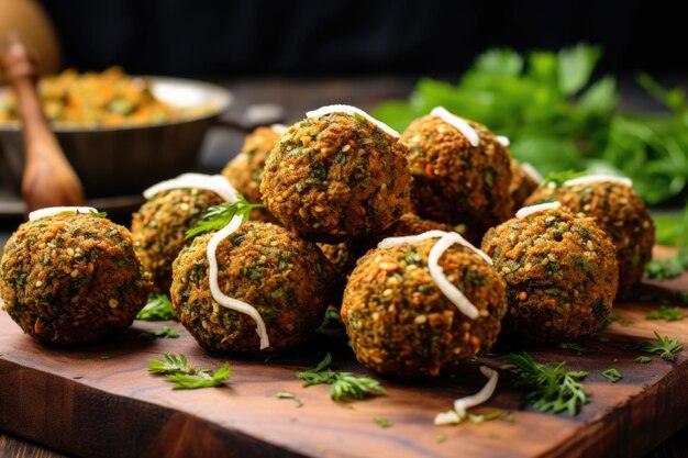 Un primo piano di palline di falafel appena fatte su una tavola