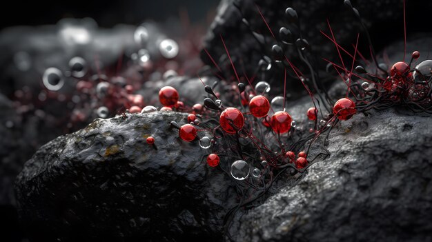 Un primo piano di perline rosse e nere su una roccia