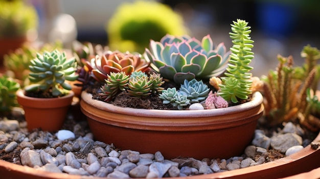 Un primo piano di piccole piante succulente in un giardino in miniatura con diversi colori e forme