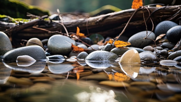 un primo piano di pietre in un fiume con gocce d'acqua.