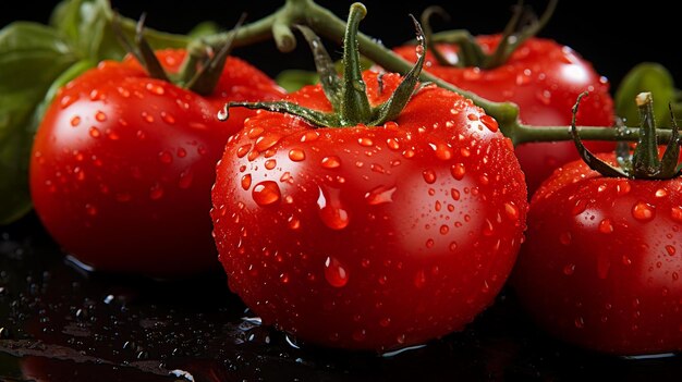 un primo piano di pomodori con gocce d'acqua su di loro