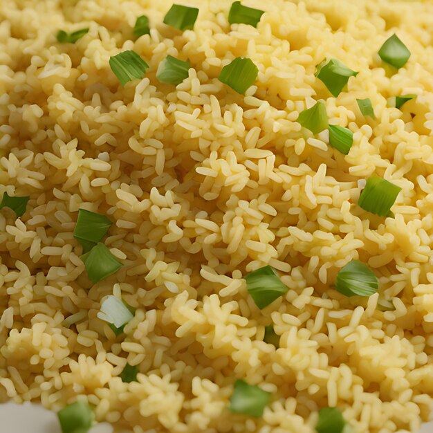 un primo piano di riso con cipolle verdi e una ciotola bianca di riso
