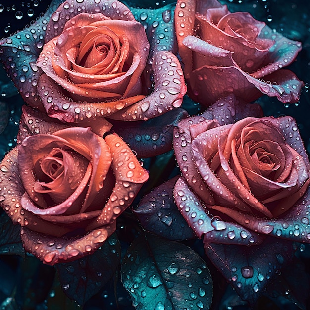Un primo piano di rose rosa e rosse con gocce di pioggia su di loro