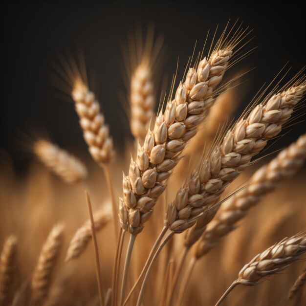 Un primo piano di spighe di grano con uno sfondo nero