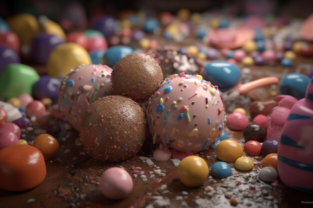 Un primo piano di torta al cioccolato si apre con codette colorate sul tavolo.