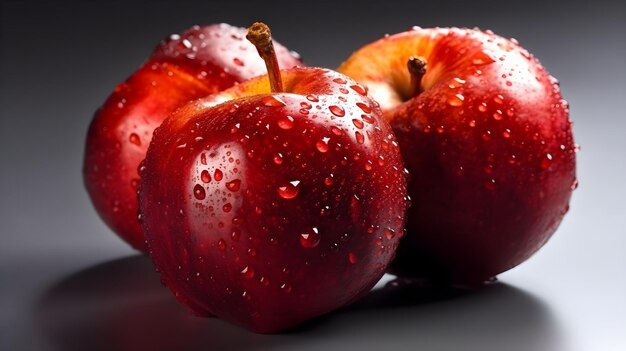 Un primo piano di tre riprese in studio di mele rosse con una goccia d'acqua sembra fresco