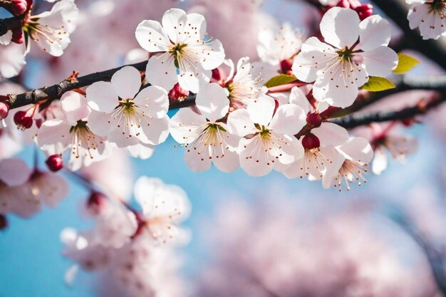 un primo piano di un albero a fiori di ciliegio con il cielo sullo sfondo