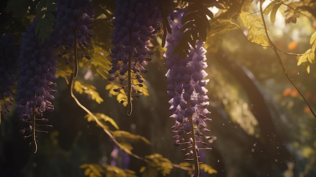 Un primo piano di un albero con fiori viola