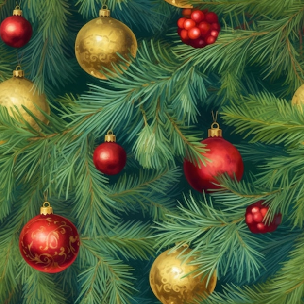 un primo piano di un albero di Natale con ornamenti rossi e oro ai generativa