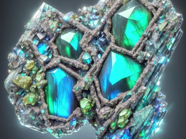 Un primo piano di un anello con cristalli blu e verdi.