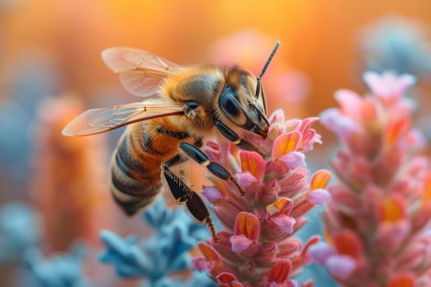 Un primo piano di un'ape mellifera diligente che raccoglie il nettare da fiori selvatici vivaci in un prato illuminato dal sole