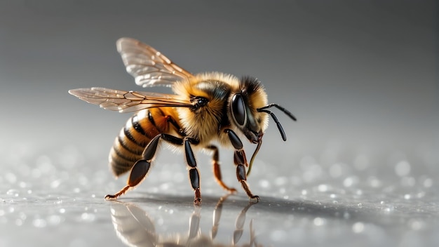 Un primo piano di un'ape mellifera su una superficie di rugiada