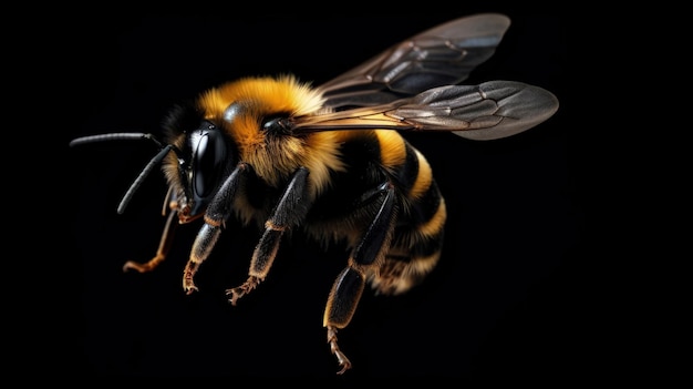Un primo piano di un'ape su sfondo nero IA generativa