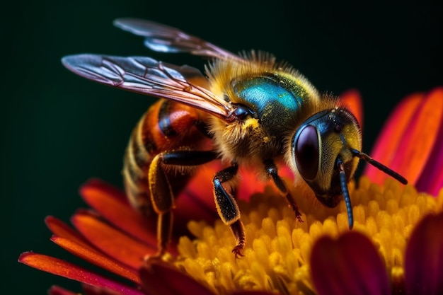 Un primo piano di un'ape su un fiore con uno sfondo nero ai generativo