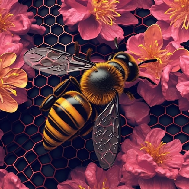 Un primo piano di un'ape su un terreno coperto di fiori generativo ai