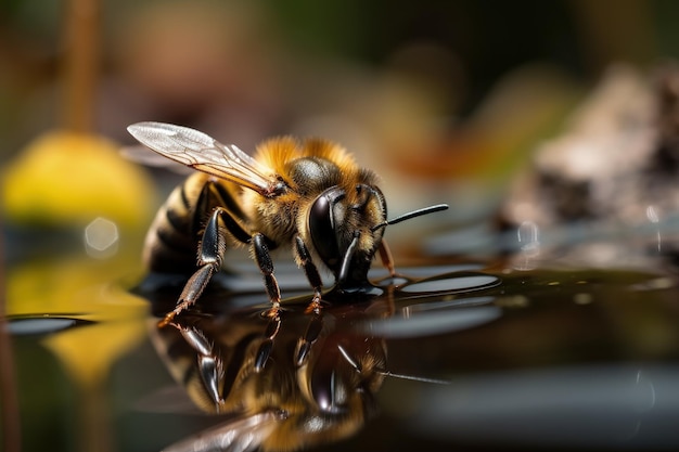 Un primo piano di un'ape su uno specchio d'acqua IA generativa