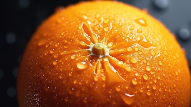 Un primo piano di un'arancia con gocce d'acqua su di esso