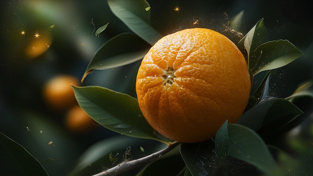 Un primo piano di un'arancia succosa matura appesa ad un albero circondata da foglie verdi lussureggianti bagnata da una luce solare magica un simbolo di freschezza e salute