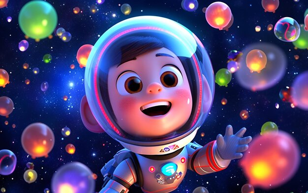 un primo piano di un astronauta dei cartoni animati con un gruppo di bolle generative ai